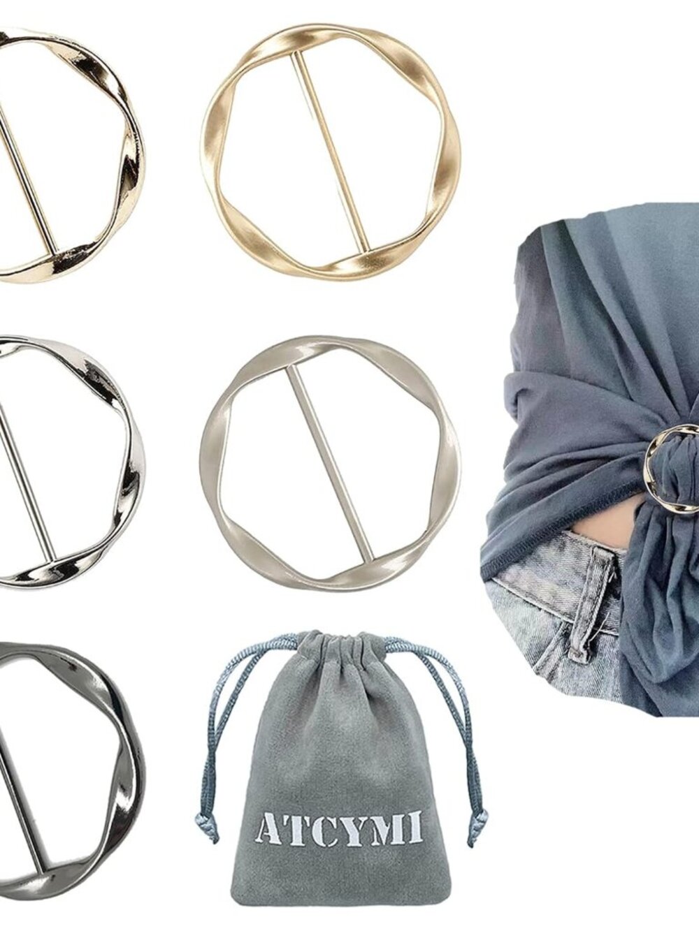 5PCS Silk Scarf Ring Clip T-shirt Tie Clips for Women Fashion Metal Round Circle